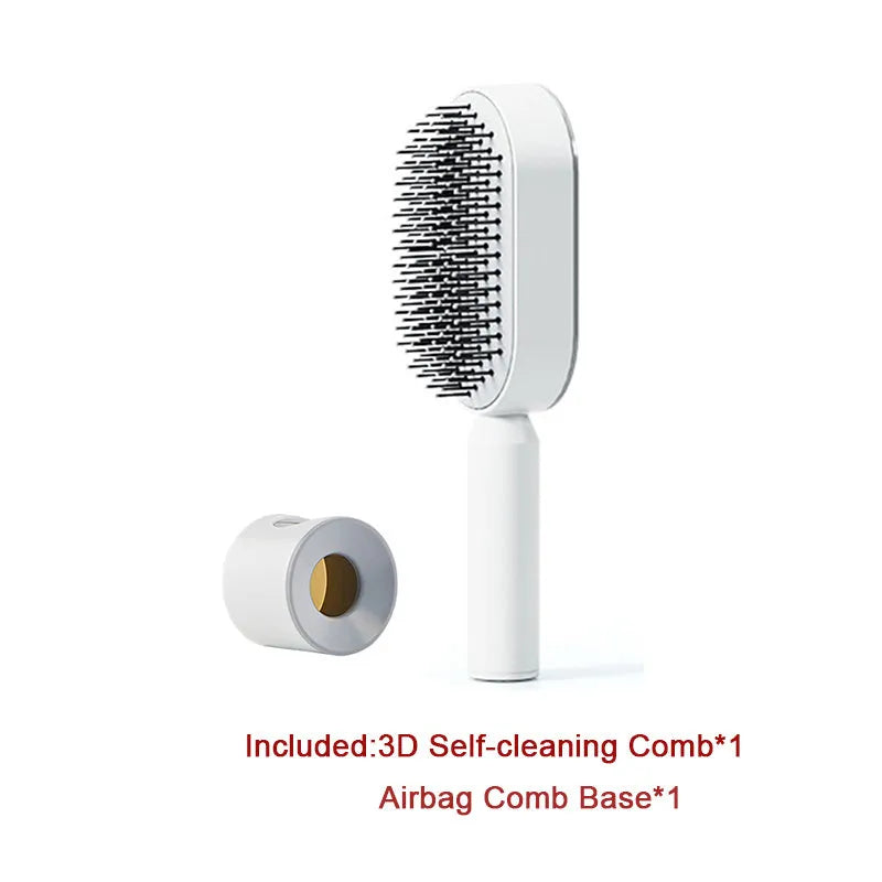 Self-cleaning air cushion hair brush in white, black gold, or black purple with ergonomic handle