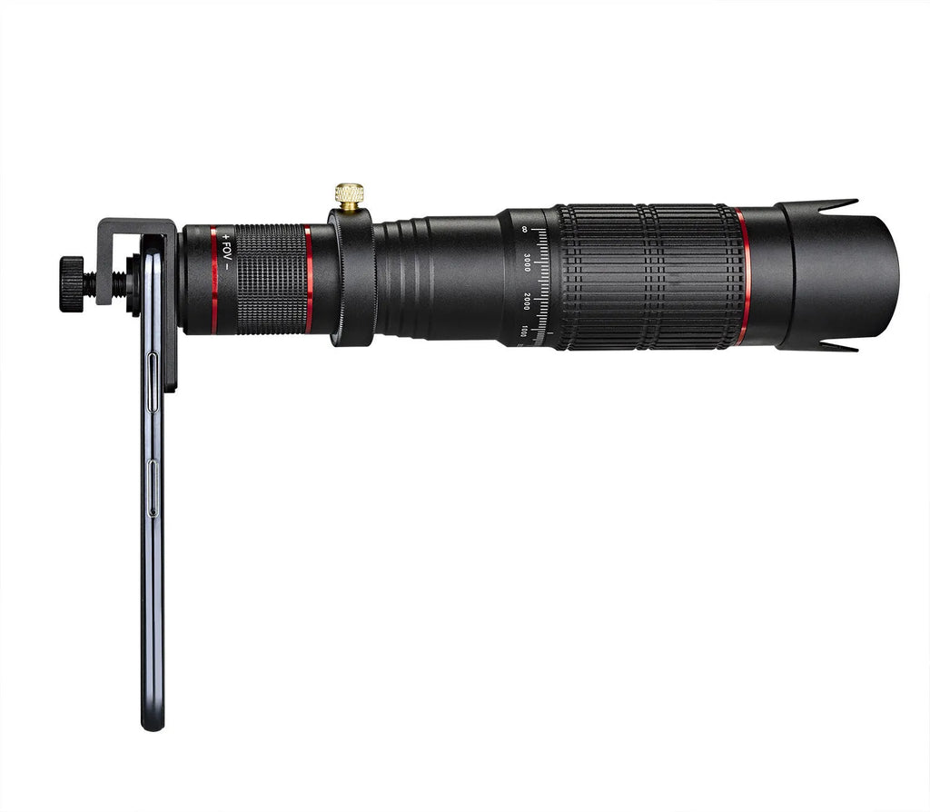 Black 36x telephoto mobile phone telescope lens showing 22.5cm length