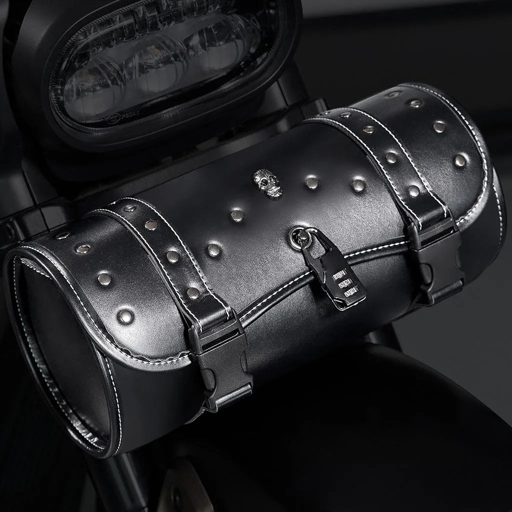 Punk retro style motorcycle pannier bag made from PU material for custom bike modifications