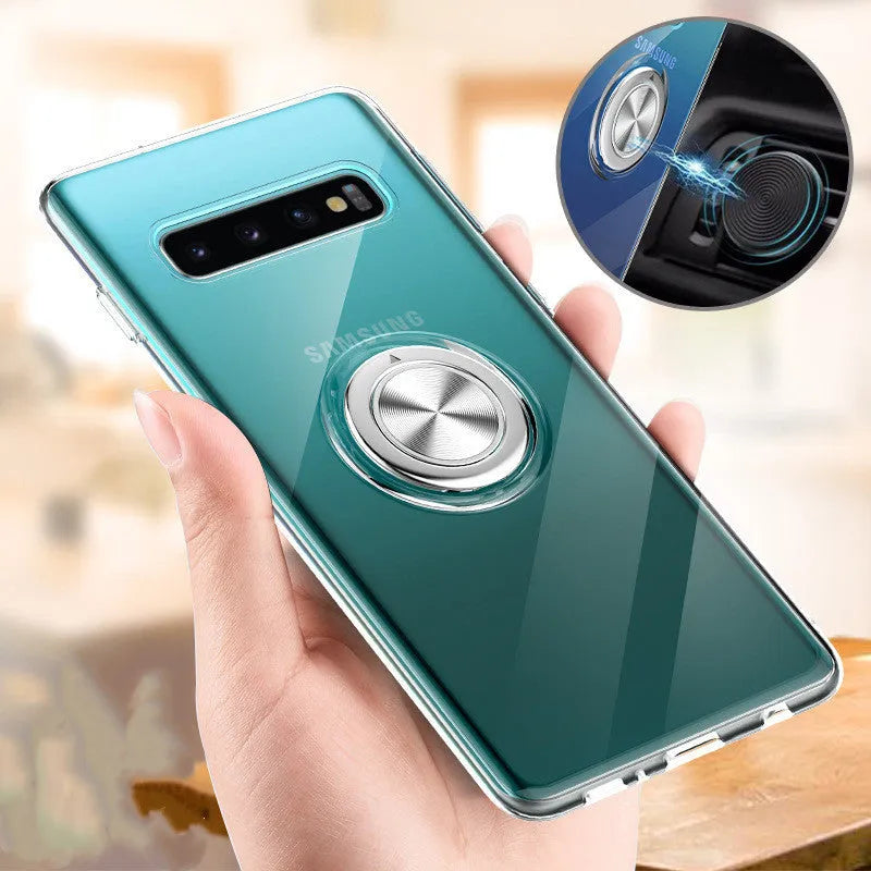 Transparent Samsung phone case with TPU back cover and metal ring for Galaxy S10 5G, shown in clear finish.