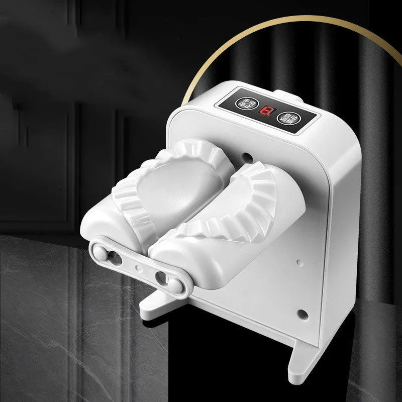 White electric automatic dumpling maker machine with USB charging cable and accessories