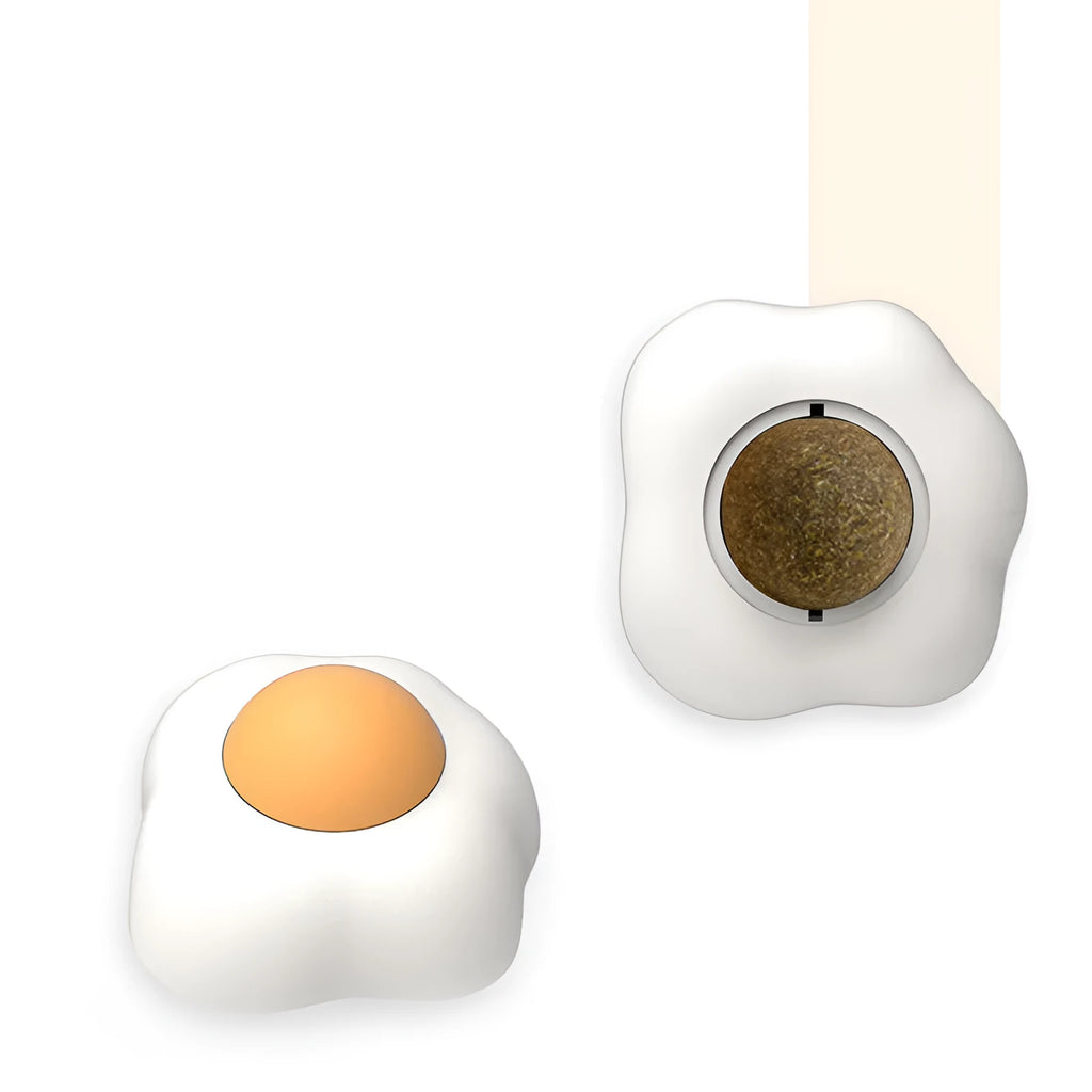 Interactive catnip ball toy in fried egg or poached egg shape with cute cat head design