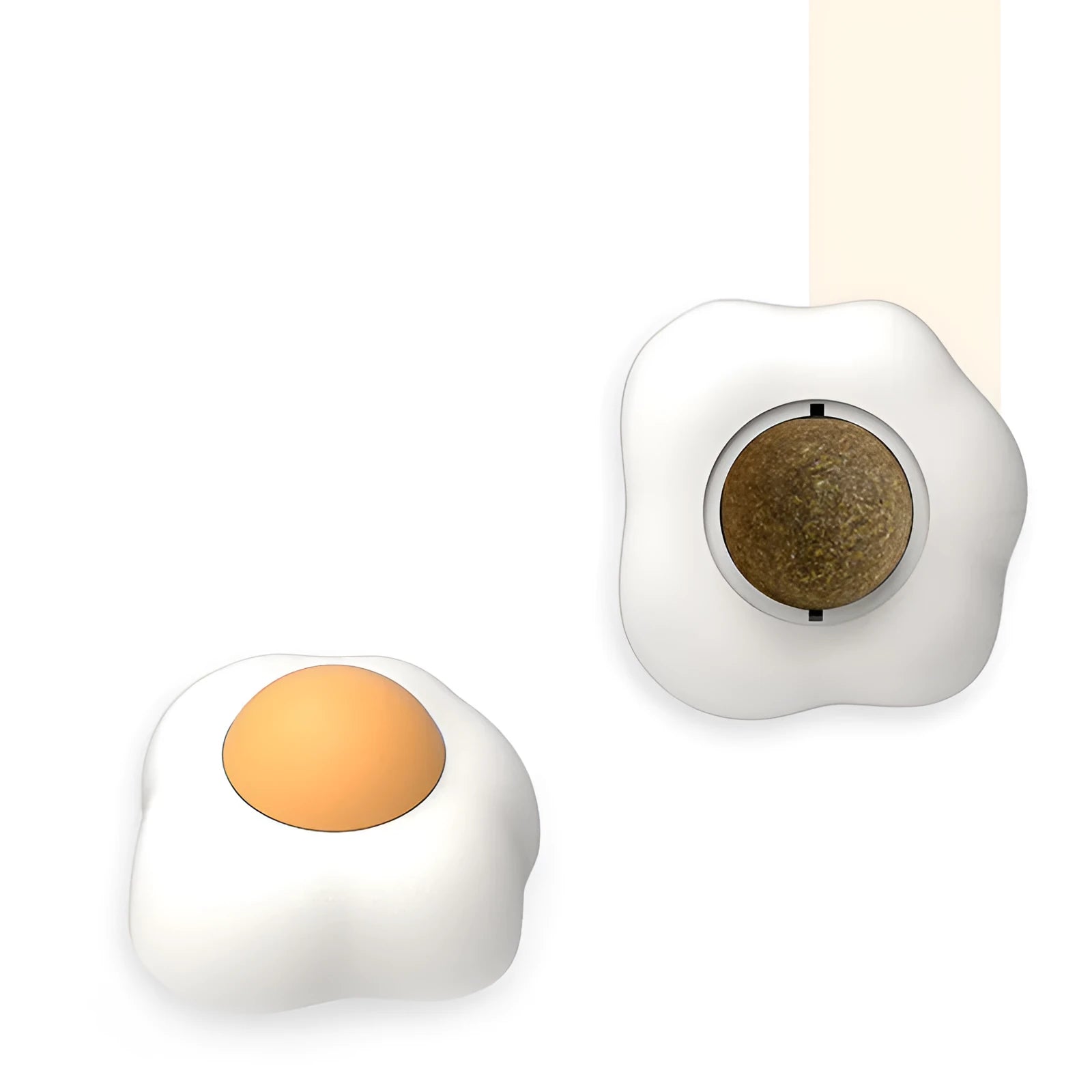 Interactive catnip ball toy in fried egg or poached egg shape with cute cat head design