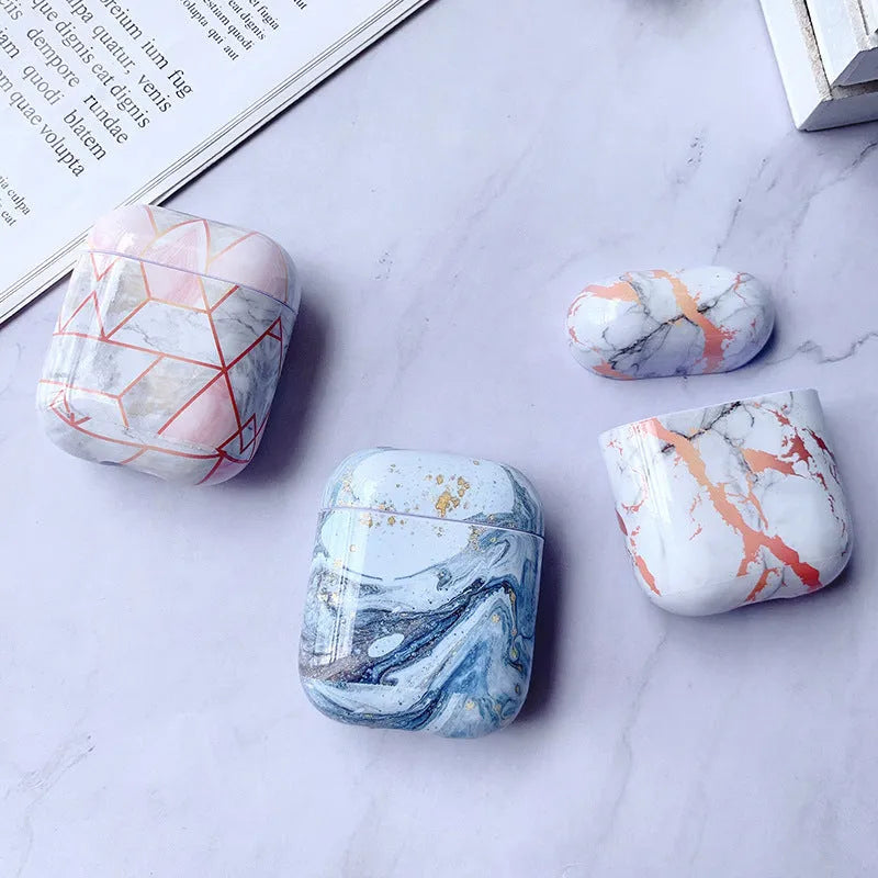 White marble pattern hard protective case for AirPods 1 and 2 wireless headphones charging box.