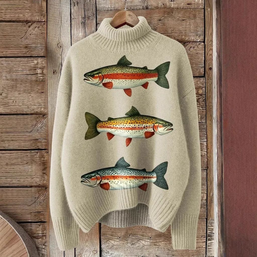 Women's loose-fit Christmas printed turtleneck sweater in a soft macaron colour.