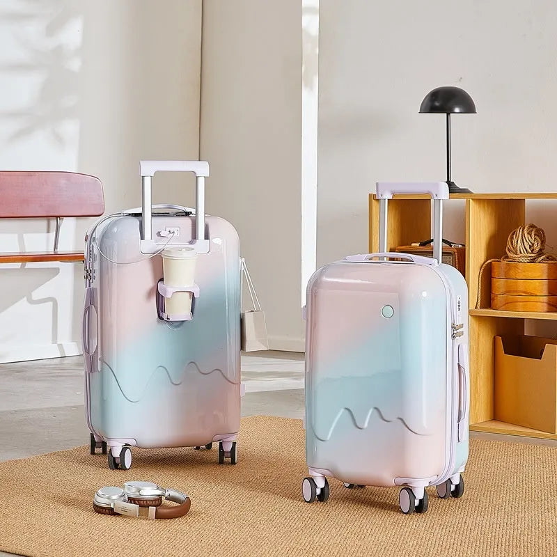 Gradient luggage trolley case with USB water cup holder in solid colour finish on a white background