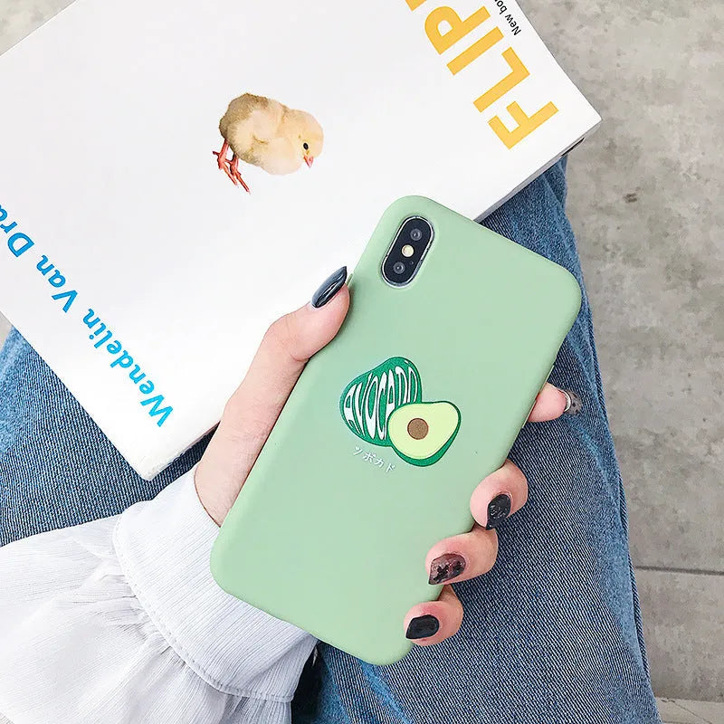 Green cartoon avocado design on a flexible TPU mobile phone case for Apple iPhone.