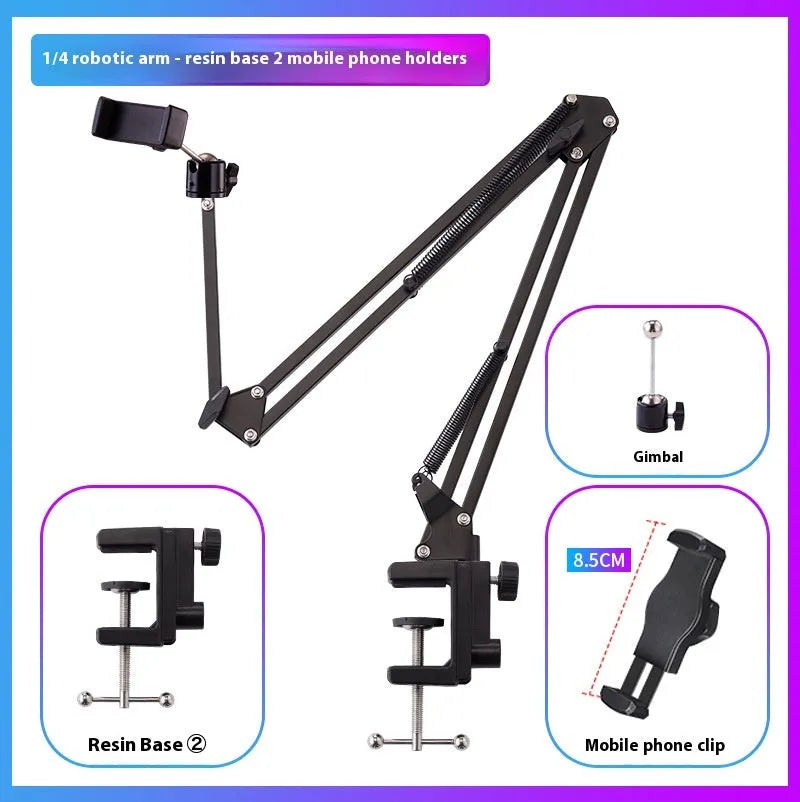 Black foldable metal desktop cantilever bracket holding a tablet at an adjustable angle.