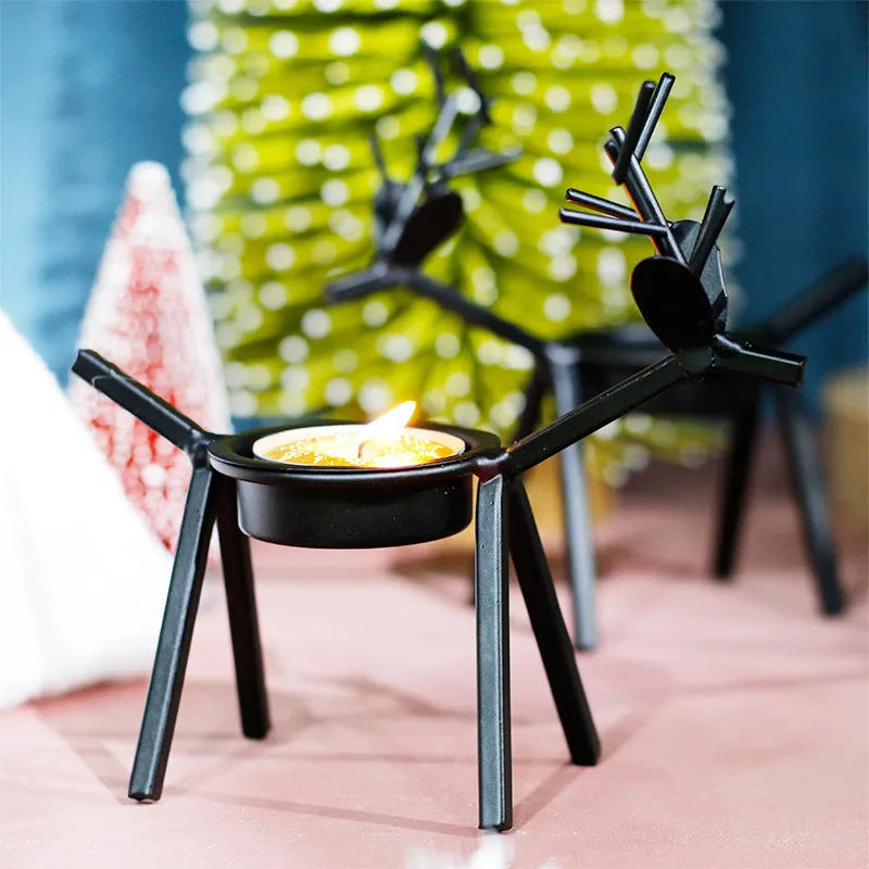 Black iron Christmas deer candlestick holder with elk bracket and Santa snowman designs