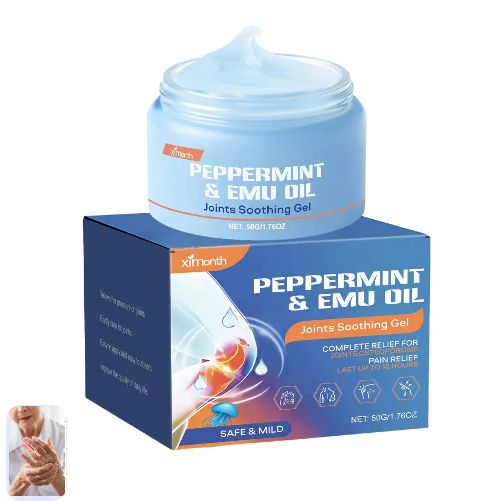 50g tube of menthol and emu oil joint soothing gel on a plain background.