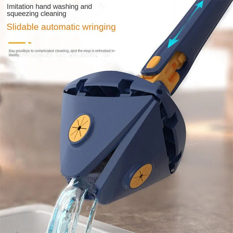 Blue extendable triangle mop with rotating head and long stainless steel pole for cleaning floors and walls