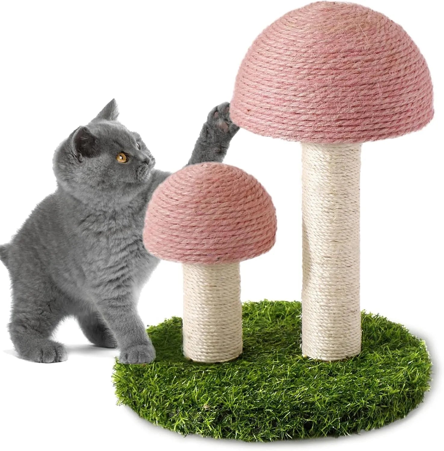 Pink mushroom-shaped cat scratching post with natural sisal covering for kittens and small cats