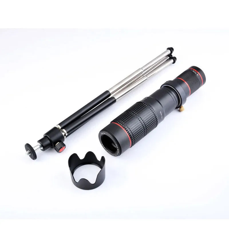 Black 36x telephoto mobile phone telescope lens showing 22.5cm length