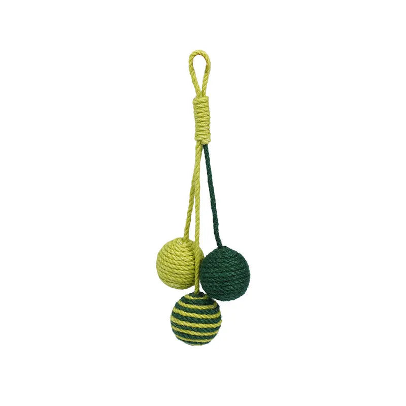 Four-piece cat toy set featuring a teaser stick and a catnip ball on a blue background