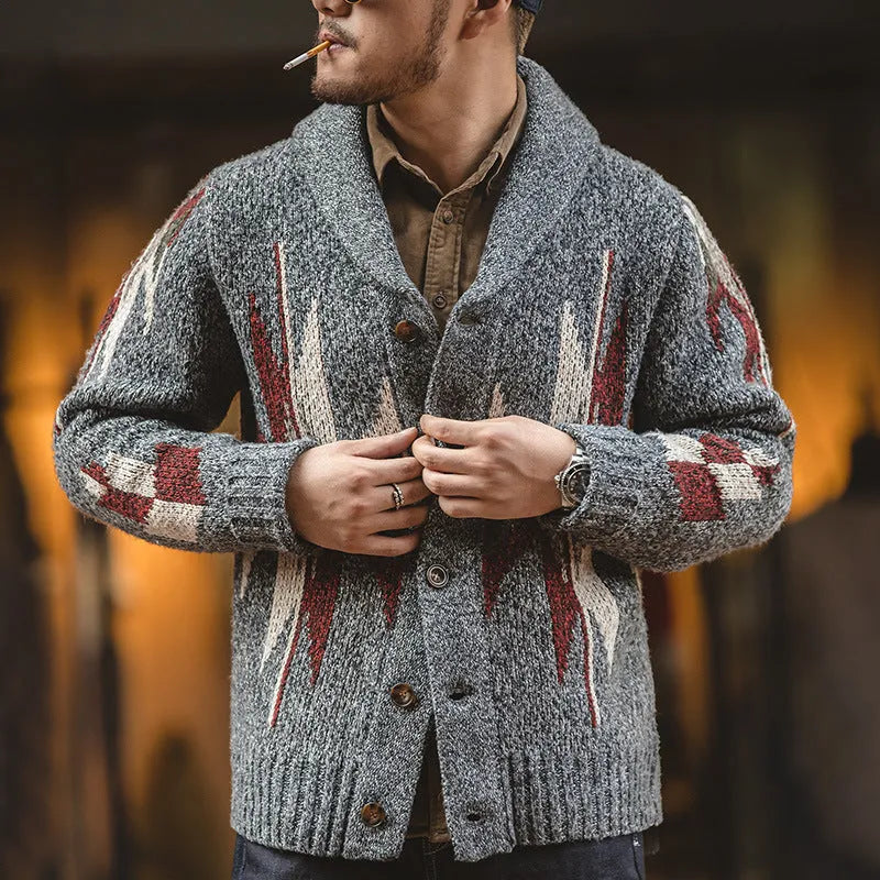 Men's dark grey lapel cardigan jacket, thick knit polyester blend, long sleeve, casual fit, sizes S-2XL