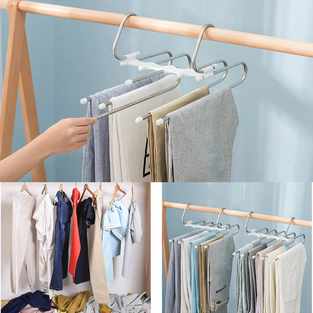 Black stainless steel magic wardrobe hanger with five booms for trousers.