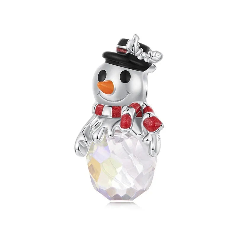 Christmas snowman S925 sterling silver bead with snowflake design on white background