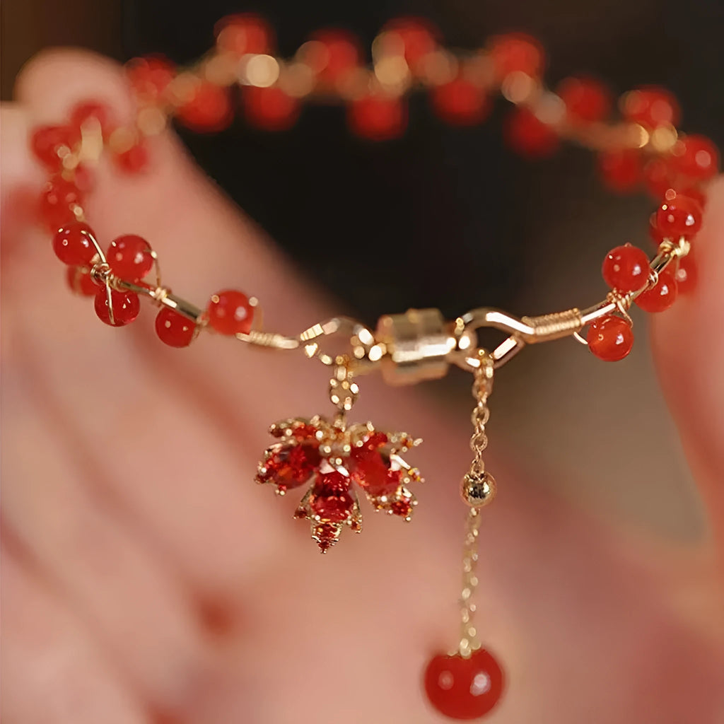 Red ginkgo leaf maple charm magnetic bracelet with Chinese style design on alloy band