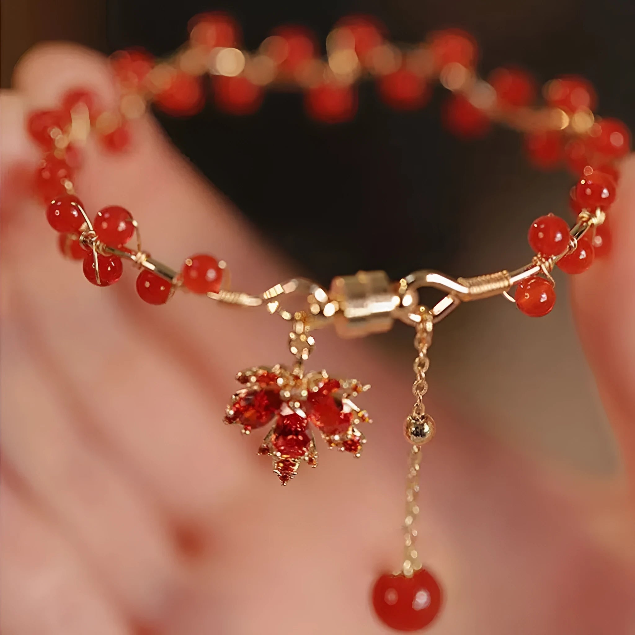 Red ginkgo leaf maple charm magnetic bracelet with Chinese style design on alloy band