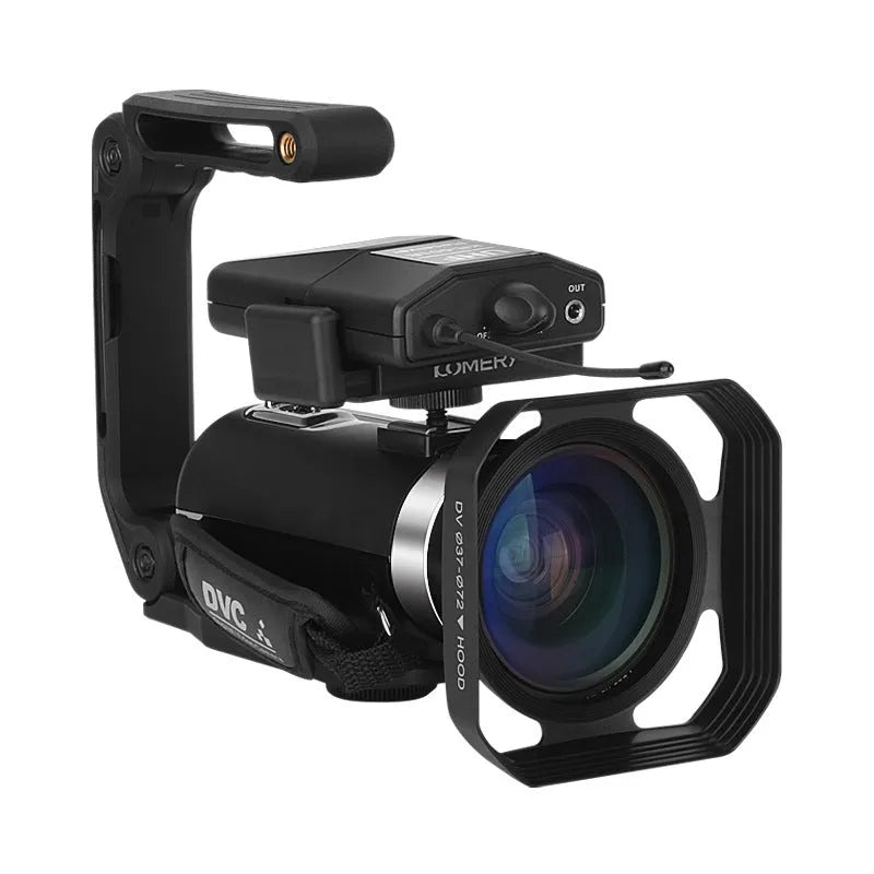 Black WIFI digital HD night vision camera with 3-inch screen showing menu, beside its included lens cover and remote control.