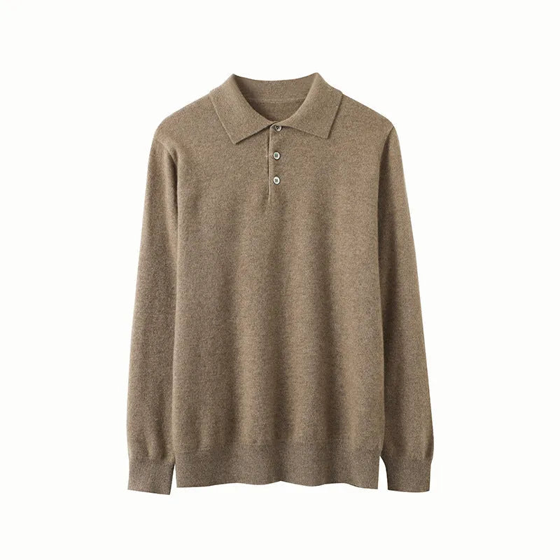 Men's cashmere polo collar pullover sweater in sapphire blue colour showing loose fit design