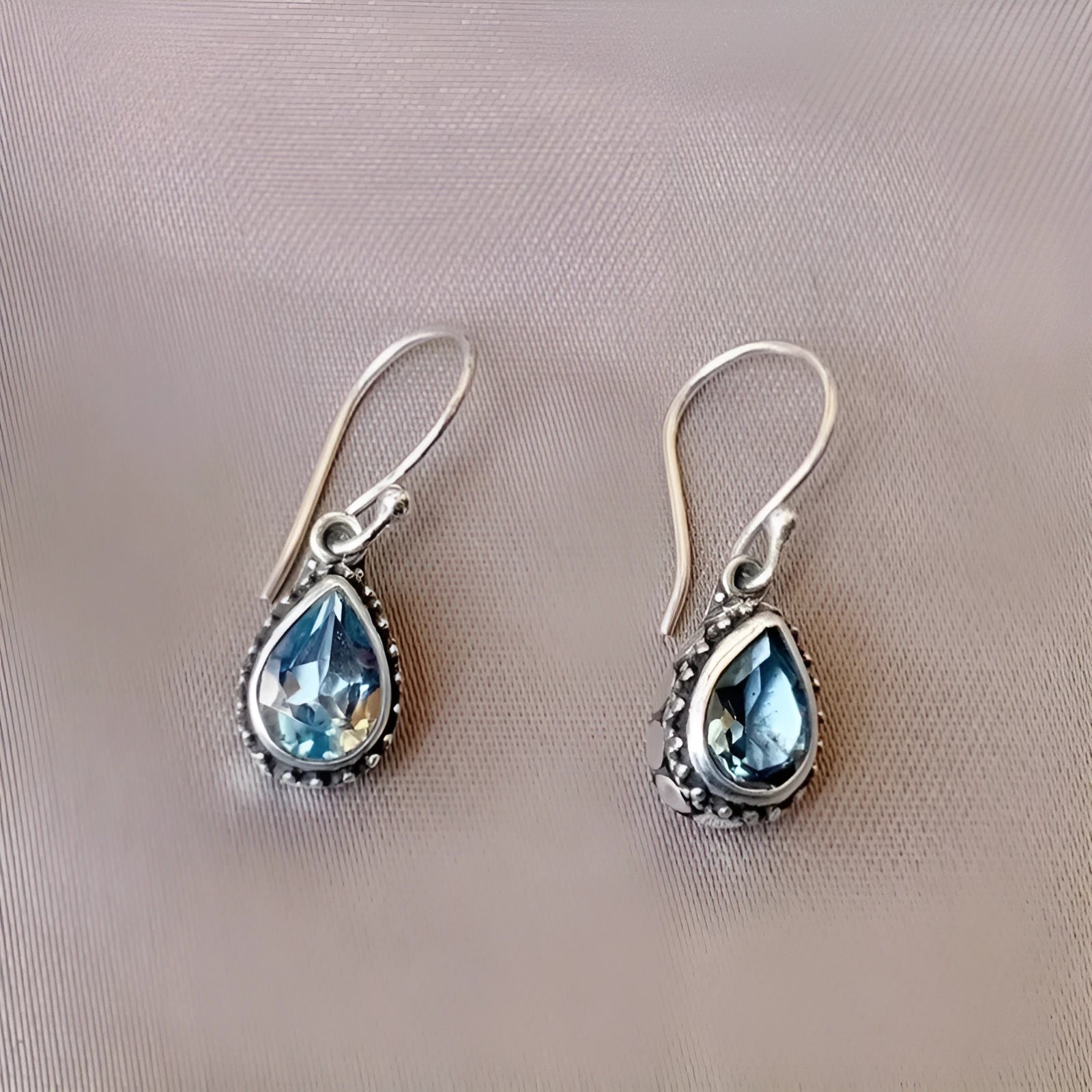 Silver alloy drop earrings with blue gem inlay, retro style, unisex design