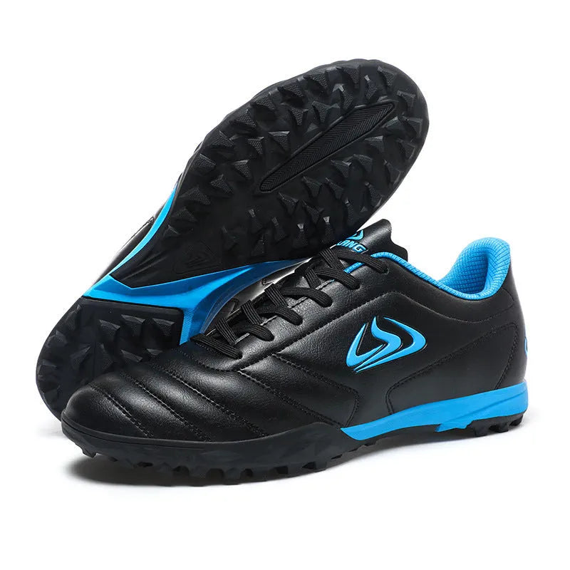 Low-top outdoor soccer football boots in a broken nail colour design with a synthetic leather upper and rubber sole.