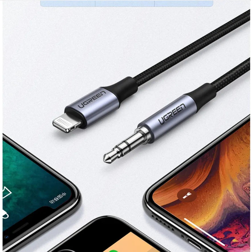 Black braided Apple Lightning to 3.5mm audio adapter cable with aluminium connectors for car use.