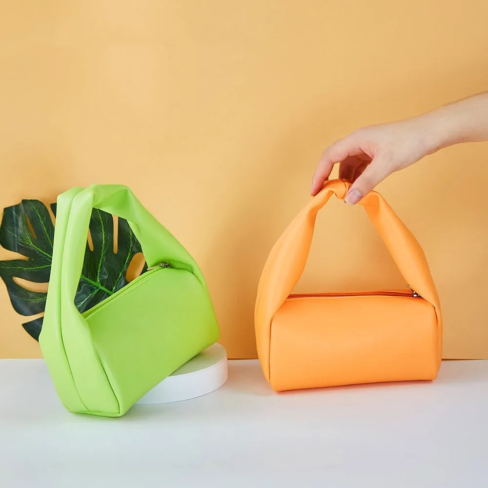 Mini candy colour cosmetic bag in black, hydrangea green, or orange, 18.5x9x9cm PU leather pouch with nylon lining