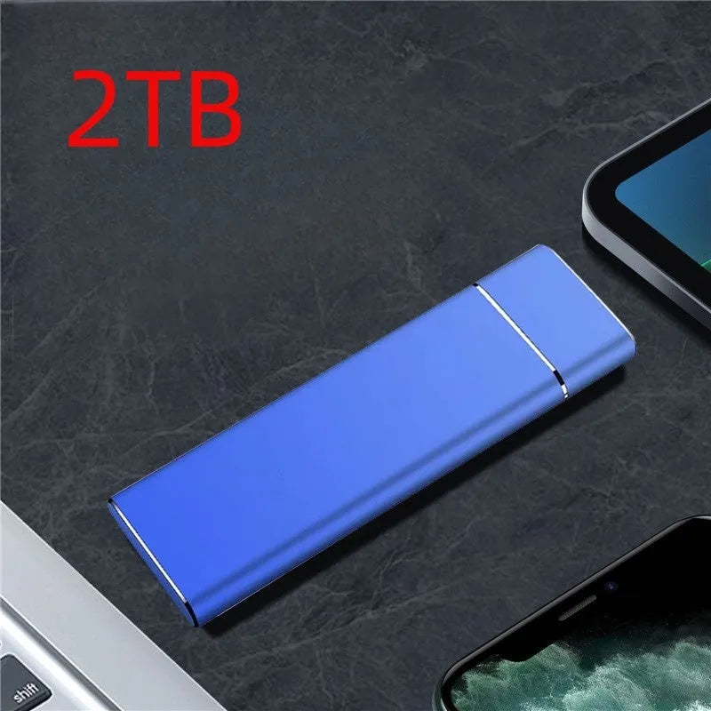 Sapphire blue portable external solid state hard drive with metal shell for phones and computers
