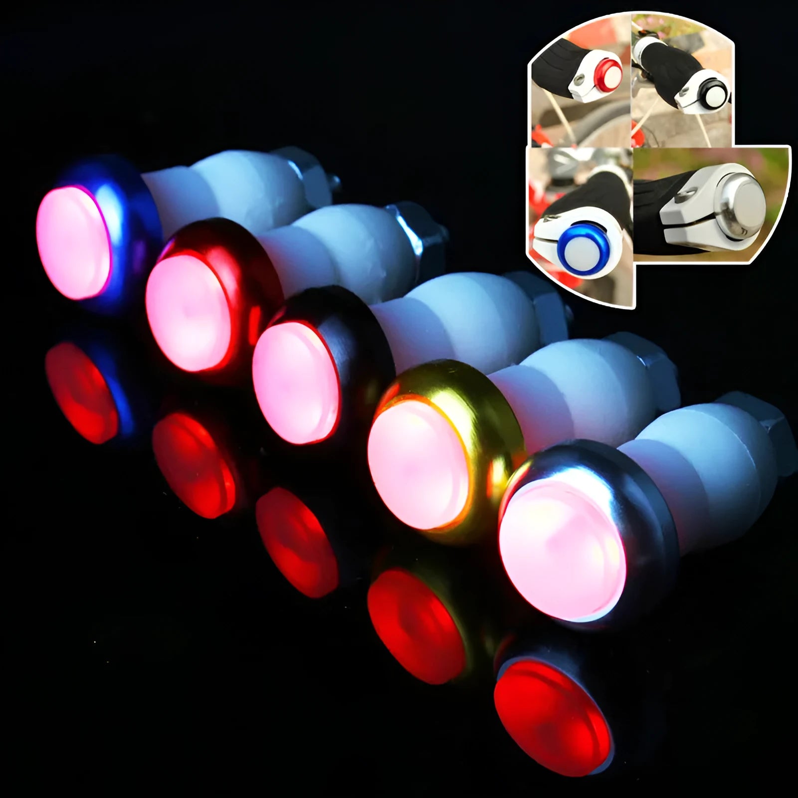 A pair of anodised aluminium bicycle handlebar end lights in a choice of colours, showing the red LED and white rubber switch.