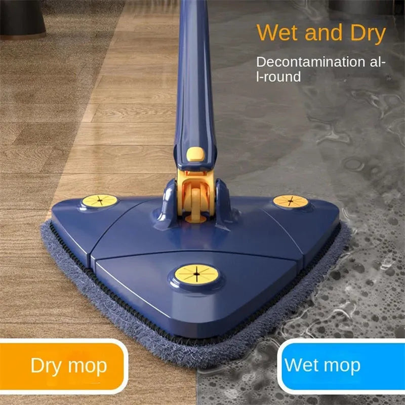 Blue extendable triangle mop with rotating head and long stainless steel pole for cleaning floors and walls