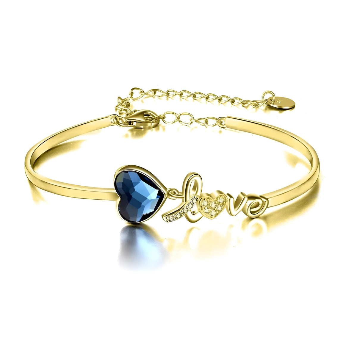 Blue Austrian crystal heart bangle bracelet with Love engraving in white gold plated sterling silver