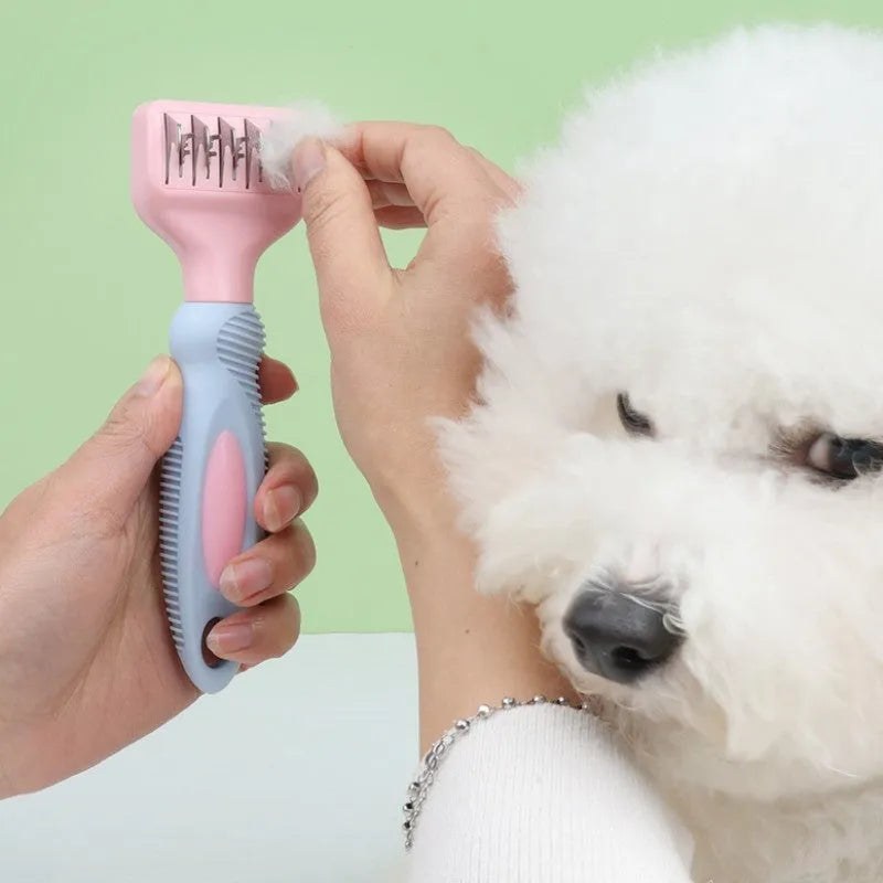 Stainless steel pet grooming comb with knot knife, pink colour option, 170mm handle