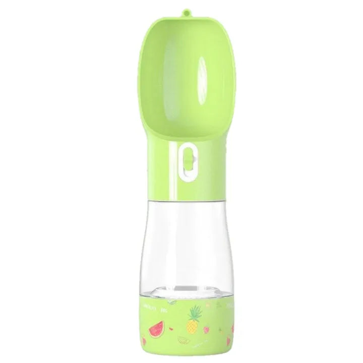 Portable dog travel cup with 258ML water and 200ML food sections, 255MM long, 70MM base, PC and ABS, printed style
