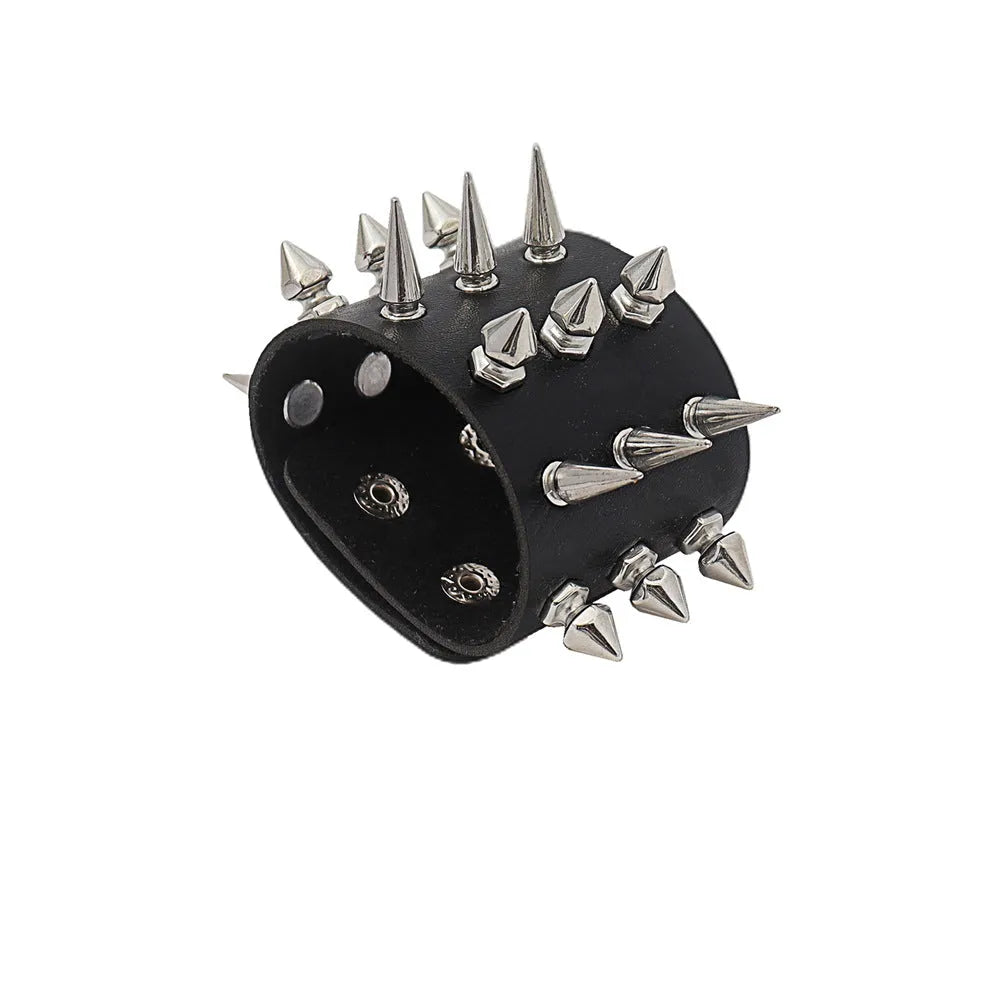 Black punk style rivet PU leather bracelet on surface, geometric tapered shape, unisex design