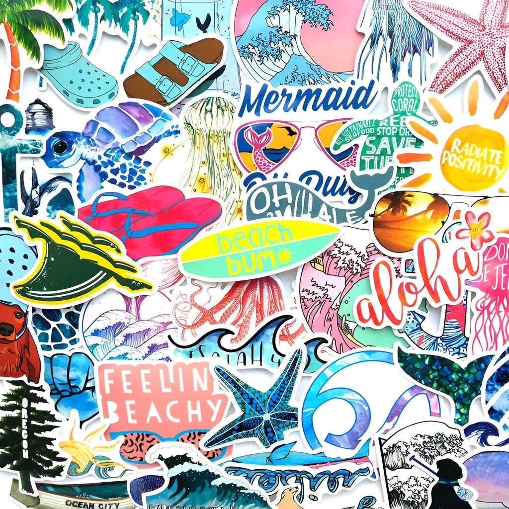 Beach Series PVC graffiti sticker with starfish, surfing, and volleyball cartoon doodle design, about 5-8cm
