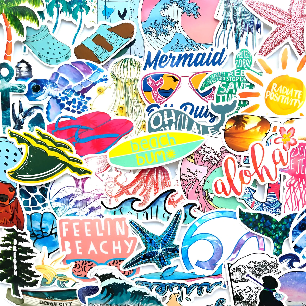 Beach Series PVC graffiti sticker with starfish, surfing, and volleyball cartoon doodle design, about 5-8cm
