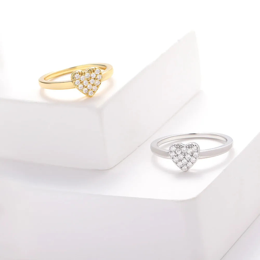 Copper heart shape ring with inlaid zircon stone, UV plated 18K real gold finish