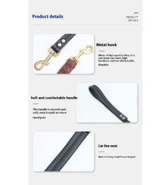 Black PU leather dog traction belt with metal clip, laid out to show length.