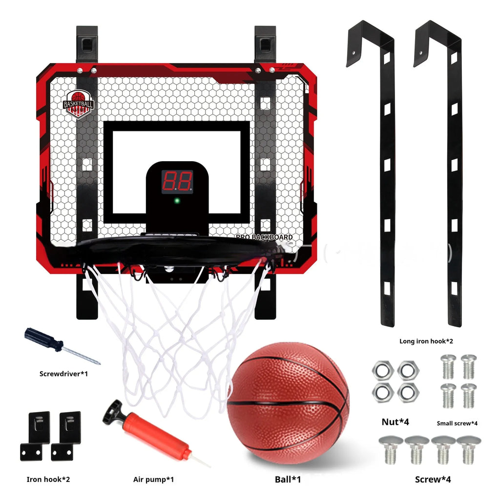 Red and blue folding basketball frame with suction cups and iron hook for dunking or ball storage.