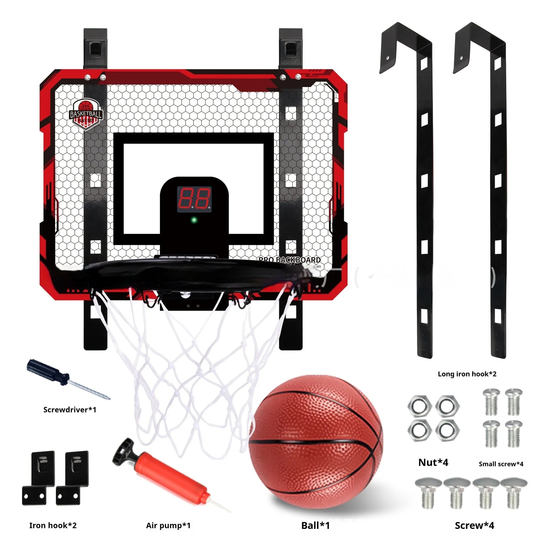 Red and blue folding basketball frame with suction cups and iron hook for dunking or ball storage.