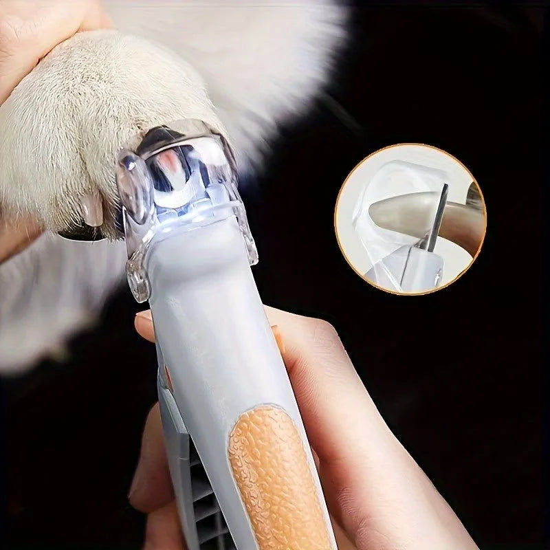 Yellow LED pet nail trimmer with magnifying glass, lights, and nail catcher for cats and dogs.
