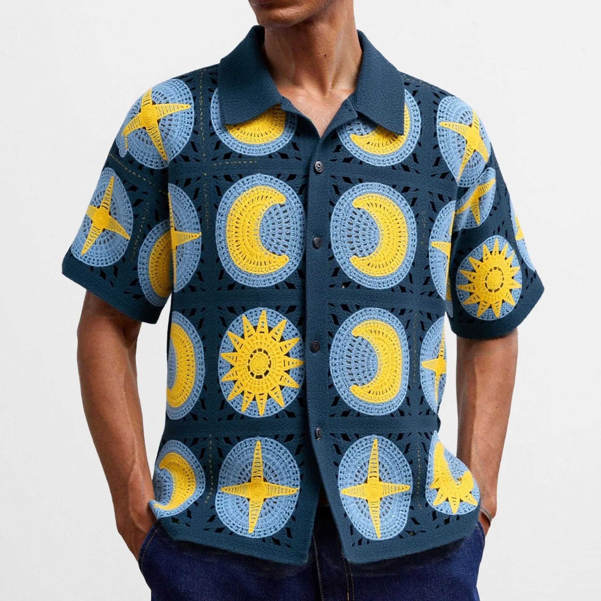 Navy blue men's short-sleeved cardigan with a cartoon flocking pattern on the front.