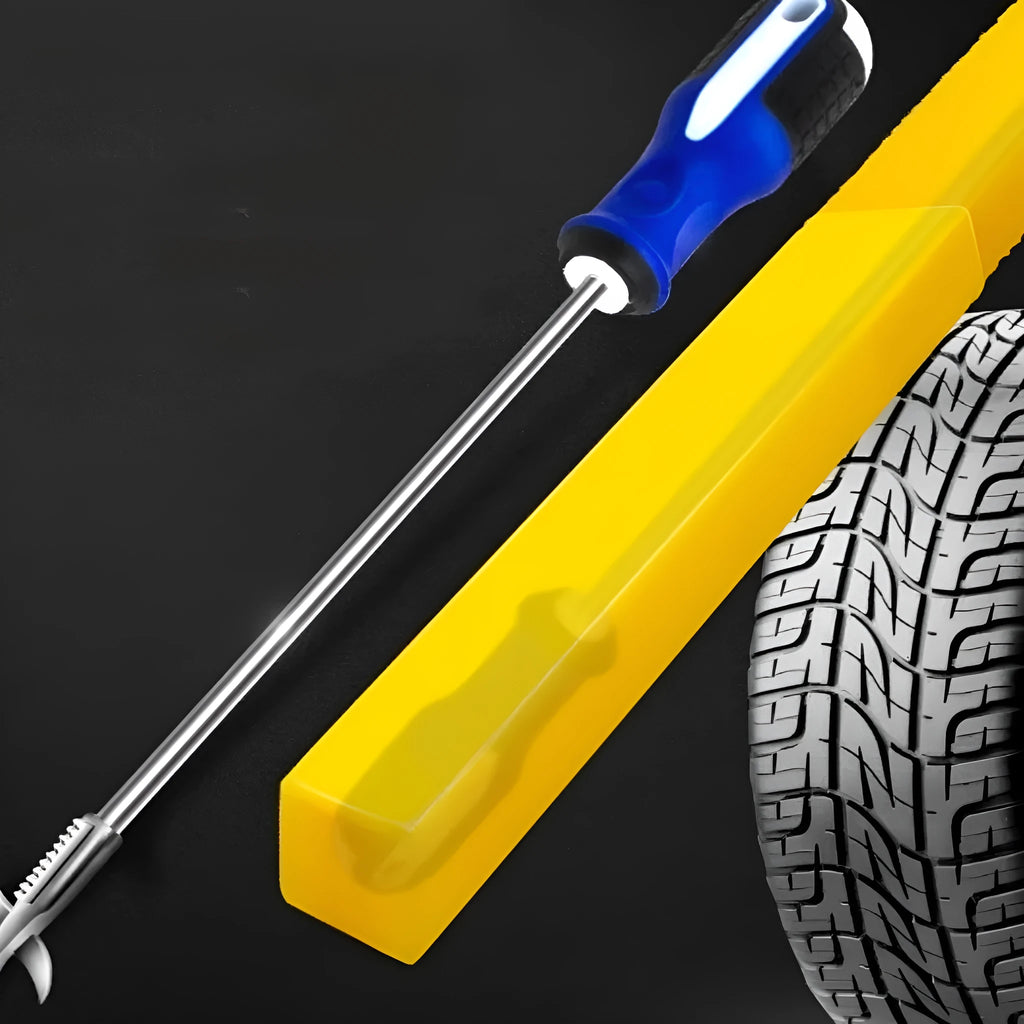Portable alloy tyre cleaning tool set with built-in Phillips screwdriver and stone artifact, long style, on a white background.
