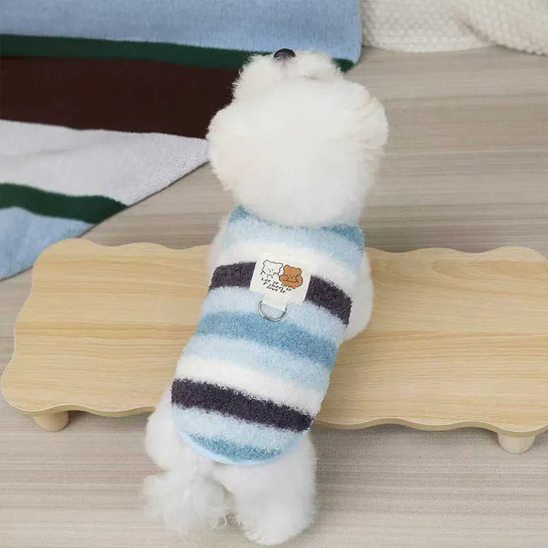 Striped fuzzy two-legged dog coat with integrated leash ring and bear cloth label, for small and medium dogs