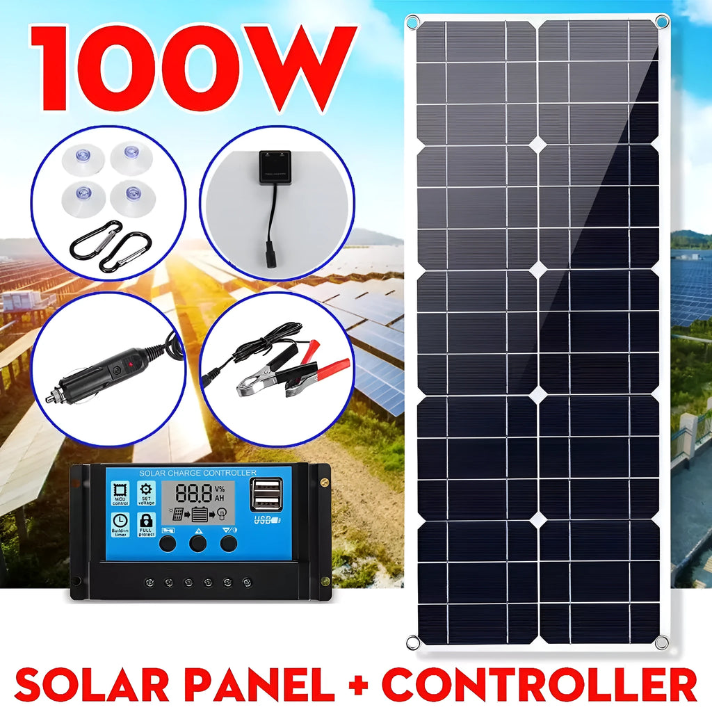30W semi-flexible solar charging panel showing USB and DC output ports