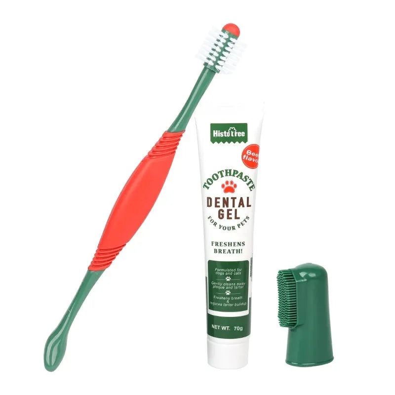 Pet toothpaste toothbrush set with finger stall and 360° brush in vanilla and beef flavour for cats and dogs