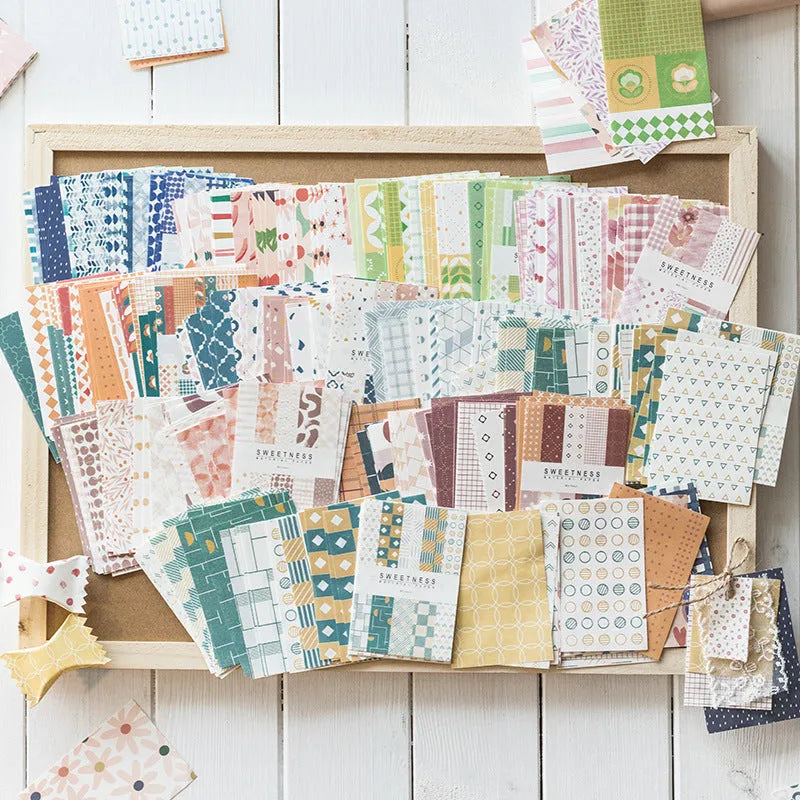 Pack of 50 colourful retro dessert-themed collage note papers, each measuring 56mm by 83mm