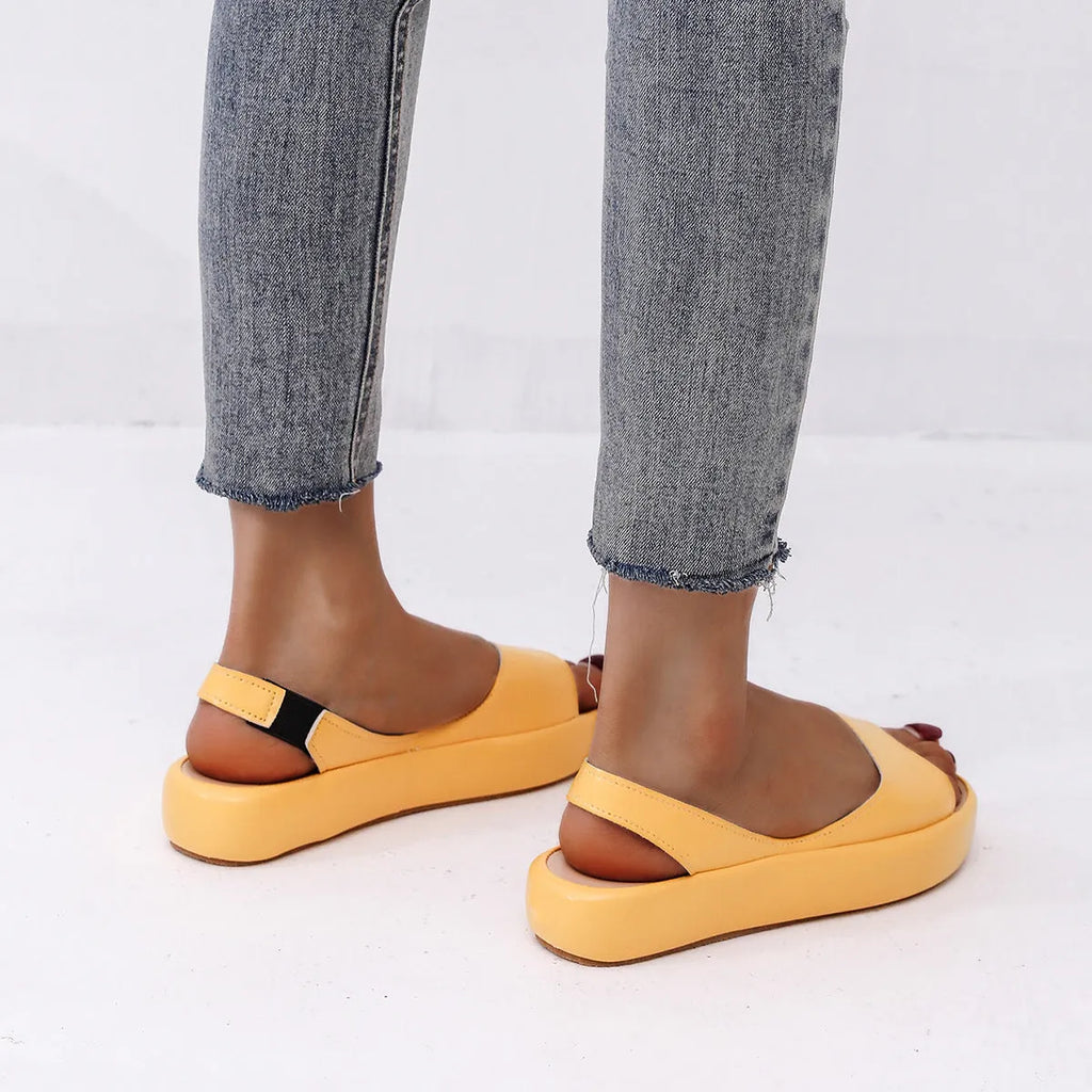 Women's solid colour fish mouth flat sandals with back strap, artificial PU upper, rubber sole